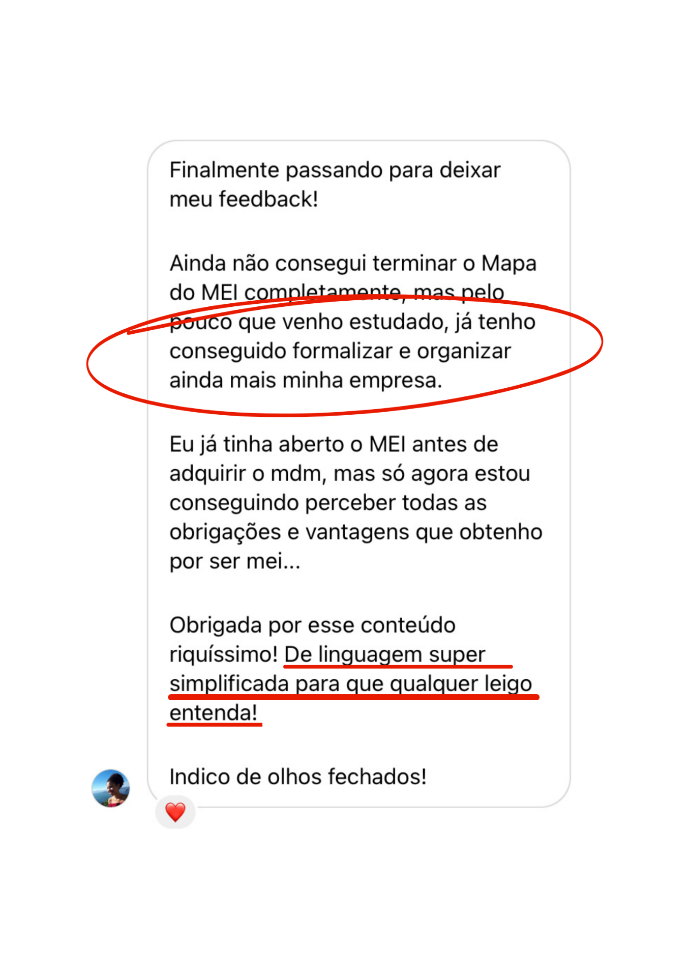 Depoimento real recebido no Instagram